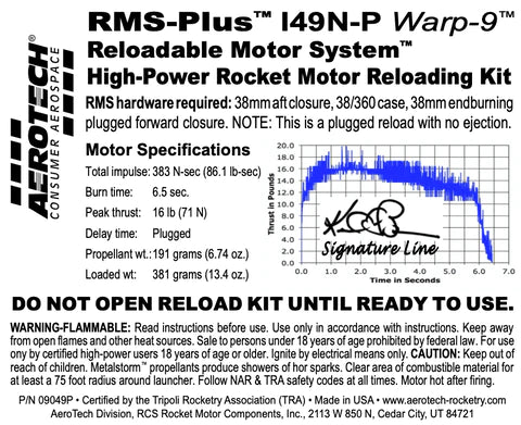 part number 09049p RMS-PLUS 149N-p Warp-9 rocket motor