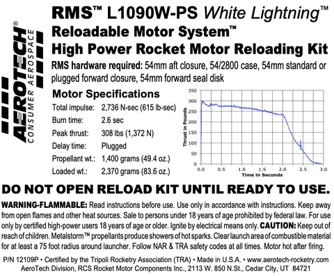 rocket motor part number 12109P RMS l1090W-ps White lightning