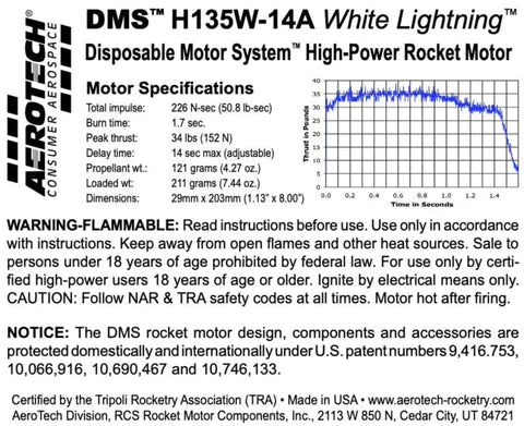 DMS H135W-14A White lightning 29mm x 203mm Single Use DMS 1-Motor Kit MPN - 081314 high power rocket motor specs
