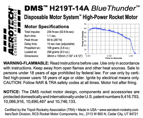 DMS H219T-14A Blue Thunder 38mm x 155mm Single Use DMS 1-Motor Kit MPN - 082114 high power rocket motor specs