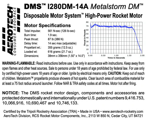 DMS I280DM-14A Metalstorm DM 38mm x 356mm Single Use DMS 1-Motor Kit MPN - 092814 High power rocket motor specs