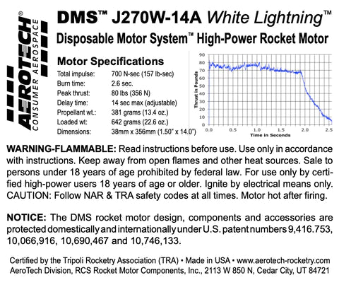 DMS J270W-14A White Lightning 38mm x 356mm Single Use DMS 1-Motor Kit RMS - 102714 High power rocket motor specs