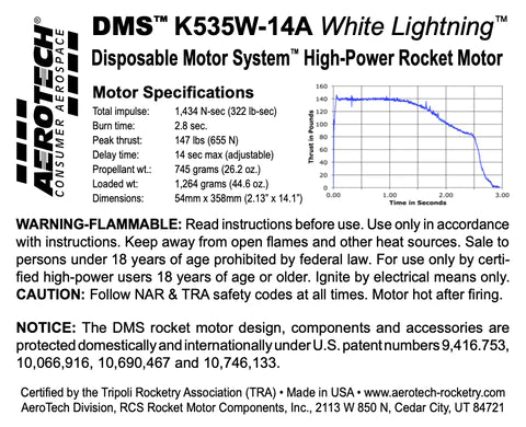 DMS K535W-14A White Lightning 54mm x 358mm Single Use DMS 1-Motor Kit MPN- 115314 high power rocket motor specs
