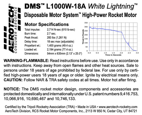 DMS L1000W-18A White Lightning 54mm x 635mm Single Use DMS 1-Motor Kit MPN - 121018 high power rocket motor - motor specs