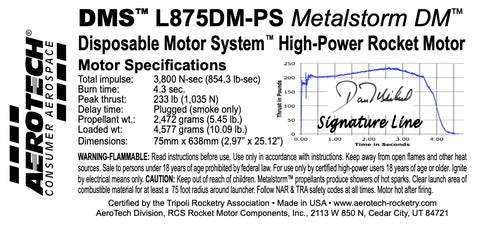 DMS L875DM-PS Metalstorm DM 75mm x 638mm Single Use DMS 1-Motor Kit MPN - 12875P high power rocket motor specs