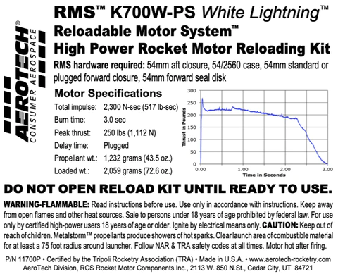 rocket motor part number 11700P  RMS K700W-ps white lightning 