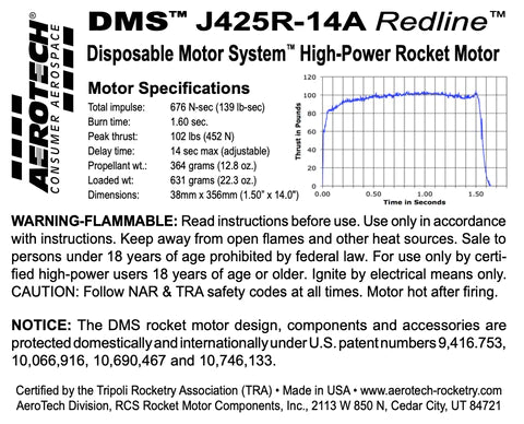 DMS J425R-14a Redline 38MM X 356MM SINGLE USE 1-MOTOR KIT -PN- 104214