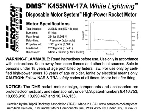 DMS K455NW-17A White Lightning 54MM X 635MM SINGLE USE 1-MOTOR KIT -pn 114517