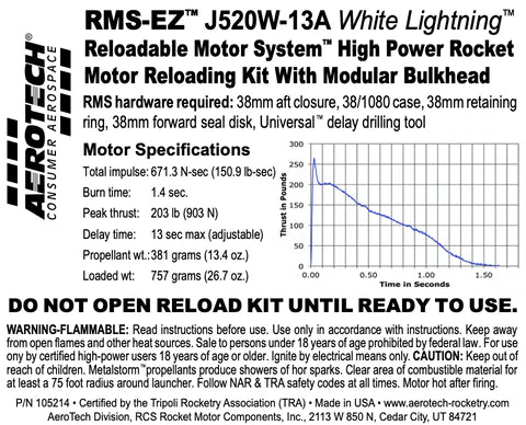 RMS-EZ J520W-13A White Lightning 38/1080 RELOAD KIT (1 PACK) - Part Number 105214