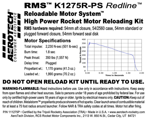 rocket motor part number RMS 111275p k1275R-ps Red line 