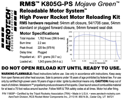 rocket motor engine part number 11805P RMS k805G-ps mojave green reloadable rocket motor system 