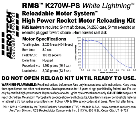 rocket motor engine part number 112714  Rms k270W-ps white lightning 