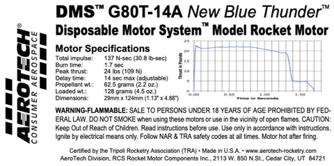 DMS G80T-14A New Blue Thunder 29mm x 124mm Single Use DMS 1-Motor Kit  MPN - 078014  Model rocket motor specs 