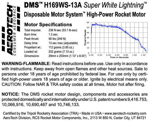 DMS  H169WS-13A Super White lightning 29mm x 203mm Single Use DMS 1-Motor Kit  MPN - 081613 high power rocket motor specs 