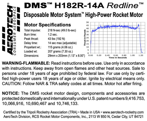 DMS H182R-14A Redline 29mm x 203mm Single Use DMS 1-Motor Kit MPN - 081814 High power rocket motor specs 