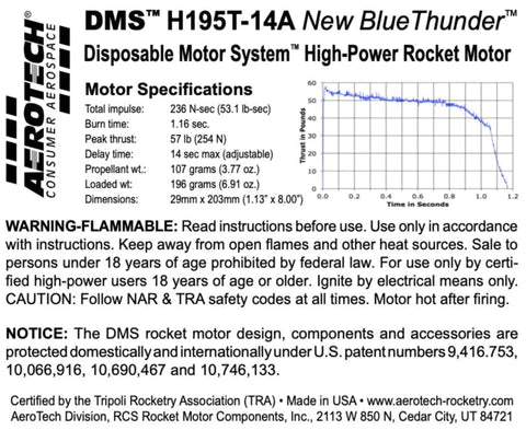 DMS H195NT-14A New Blue Thunder 29mm x 203mm Single Use DMS 1-Motor Kit MPN - 081914 High power rocket motor specs 