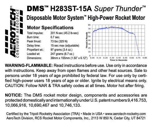 DMS H283ST-15A Super Thunder 38mm x 155mm Single Use DMS 1-Motor Kit  MPN - 082814 high power rocket motor specs 