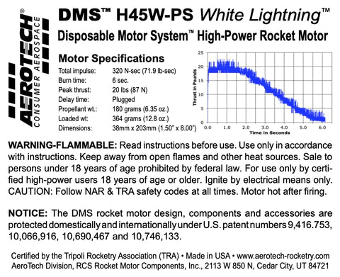 DMS H45W-PS White Lightning 38mm x 203mm Single Use DMS 1-Motor Kit  MPN- 084510  high power rocket motor specs 