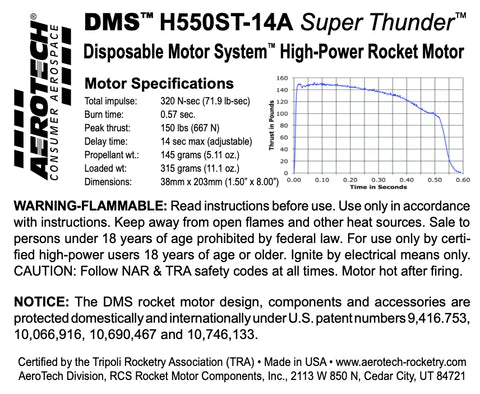DMS H550ST-14A Super Thunder 38mm x 203mm Single Use DMS 1-Motor Kit  MPN - 085514  High power rocket motor specs 