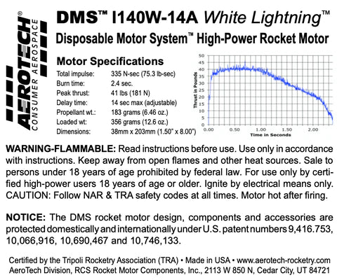 DMS I140W-14A White Lightning 38mm x 203mm Single Use DMS 1-Motor Kit  MPN - 091414  High power rocket motor specs 