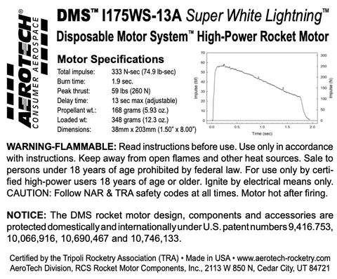 DMS I175WS-13A Super White Lightning 38mm x 203mm Single Use DMS 1-Motor Kit MPN - 091713  High power rocket motor specs 