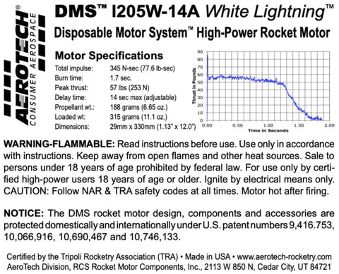 DMS I205W-14A White Lightning 29mm x 305mm Single Use DMS 1-Motor Kit MPN - 092014  High power rocket motor specs 