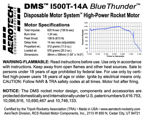 DMS I500T-14A Blue Thunder 38mm x 356mm Single Use DMS 1-Motor Kit  MPN - 095014 High power rocket motor specs 