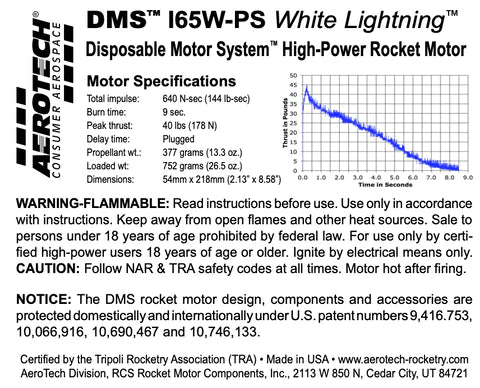 DMS I65W-PS White Lightning 54mm x 218mm Single Use DMS 1-Motor Kit  MPN - 096510  High power rocket motor specs 