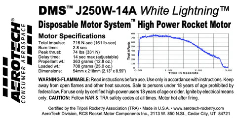 DMS J250W-14A White Lightning 54mm x 218mm Single Use DMS 1-Motor Kit  MPN- 102514 High Power Rocket motor specs 