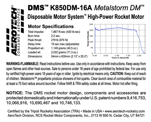 DMS K850DM-16A Metalstorm DM 54mm x 635mm Single Use DMS 1-Motor Kit MPN - 118516  high power rocket motor 