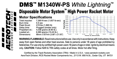 DMS  M1340W-PS White lightning 98mm x 557mm Single Use DMS 1-Motor Kit MPN- 13134P High power rocket motor  specs 