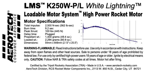 LMS K250W-P/L White Lightning 54mm x 673mm Single Use LMS 1-Motor Kit MPN- 11250P High power rocket motor specs 