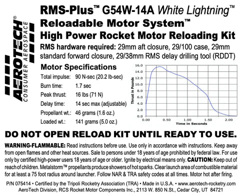 RMS-Plus G54W-14A White Lightning RMS-29/100 Reload Kit (1 Pack) MPN- 075414 Rocket motor specs 