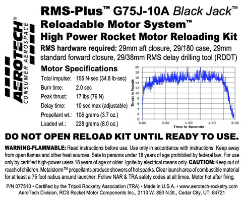 RMS-Plus G75-10A Black Jack RMS-29/180 Reload Kit (1 Pack)  MPN- 077510 Rocket motor specs 